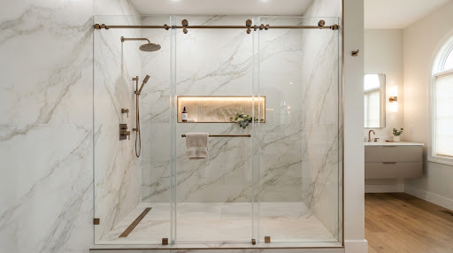 Calacatta Gold RCB shower conversion completed in Country Club of Arkansas, Maumelle
