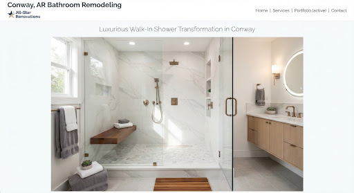 After image of luxury Conway bathroom transformation with low barrier step walk in shower, seamless marble stone slab walls