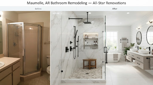 Photorealistic side-by-side style luxury master bathroom transformation in Maumelle AR showing an expansive double-wide