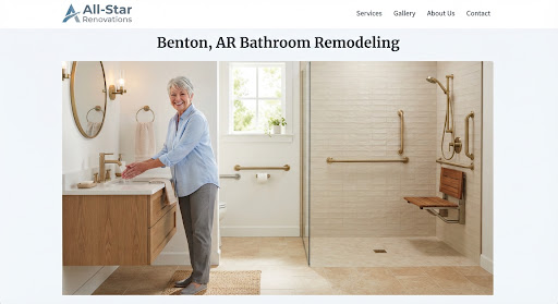 A brightly lit, elegant accessible bathroom renovation with warm beige porcelain floor tile, brushed brass ADA grab bars