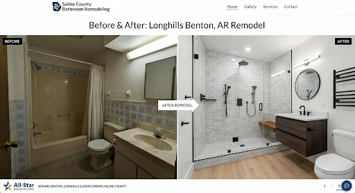 Modern split before and after bathroom remodel in Longhills Benton Arkansas. Left side showing dated 1980s high fiberglass