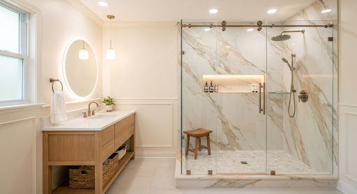 Photorealistic finished luxury bathroom remodel in Bryant Arkansas featuring expansive floor to ceiling Calacatta gold rigid