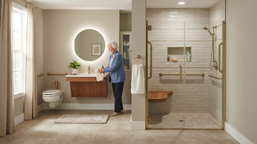 Aging-in-place curbless roll-in shower with designer warm brass grab bars and slip-resistant floor in Conway Arkansas home.