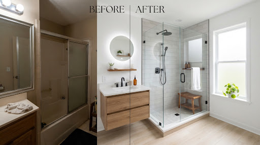 Before and after split comparison or dramatic modern tub-to-shower conversion in a Conway Arkansas suburban home, crisp