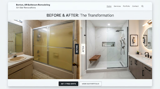 A split-screen comparison showing on the left a dated 1980s beige fiberglass bathtub enclosure with yellowed sliding doors