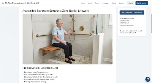 An ADA accessible zero-barrier roll-in shower showing an elegant teak fold-down bench, brushed brass textured grab bars