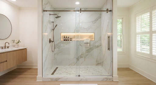 A floor-to-ceiling walk-in luxury shower inside a renovated Greenbrier Arkansas home featuring polished Calacatta gold