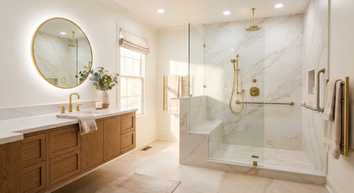A warm, bright luxury master bathroom remodel in Little Rock Arkansas featuring zero-threshold walk-in shower with gold