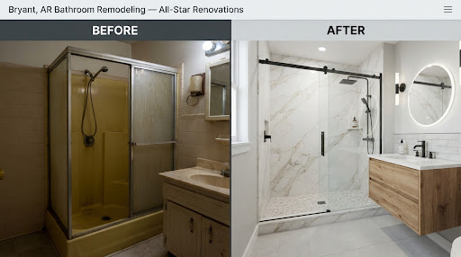 Photorealistic side-by-side bathroom transformation split screen showing on the left a dark cramped dated 1990s yellow