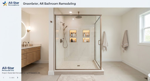 A completed master bathroom remodeling installation in Springhill Greenbrier Arkansas showing a low threshold walk-in shower